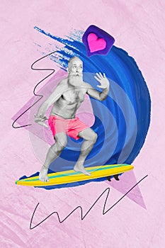 Collage pinup pop retro sketch image of crazy happy retired man surfing ocean wave have fun nice trip  painting