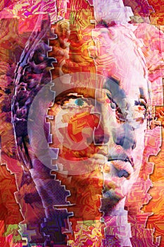 Collage with plaster antique sculpture of human face in a pop art style. Modern creative concept image with ancient