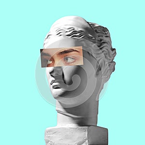 Collage with plaster head model and female portrait. Modern design. Contemporary colorful art collage.