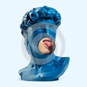 Collage with plaster head model and male portrait. Modern design. Contemporary colorful art collage.