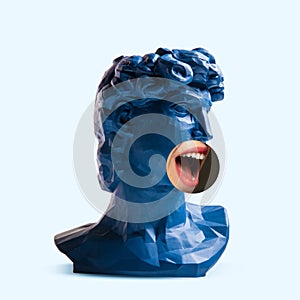 Collage with plaster head model and male portrait. Modern design. Contemporary colorful art collage.