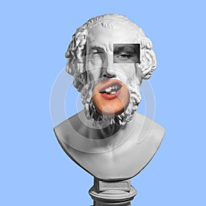 Collage with plaster head model and male portrait. Modern design. Contemporary colorful art collage.