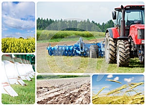 Collage Ploughing tractor at field cultivation