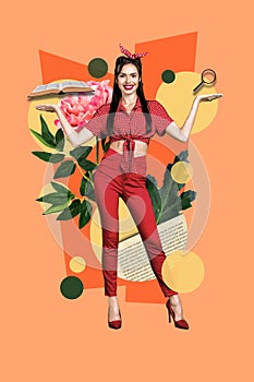 Collage pop retro sketch image of smiling happy lady showing arms scales comparing book vs elibrary isolated painting