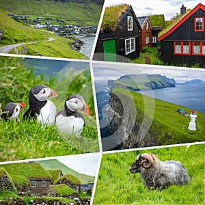 Collage of popular tourist destinations in Faroes Islands.  Travel background. Faroe Islands. Denmark. Europe