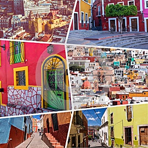 Collage of popular tourist destinations in Guanajuato, Mexico. Travel background