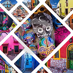Collage of popular tourist destinations in Guanajuato, Mexico. Travel background