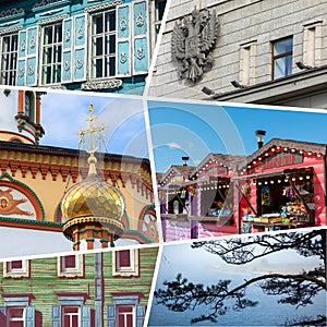 Collage of popular tourist destinations in Irkutsk, Siberia. Travel background. Russia