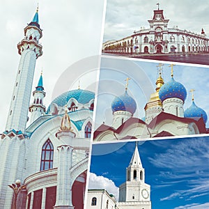 Collage of popular tourist destinations in Kazan. Travel background. Russia