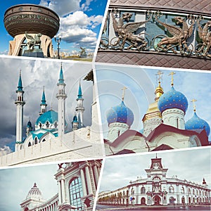 Collage of popular tourist destinations in Kazan. Travel background. Russia