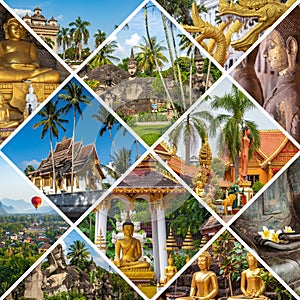 Collage of popular tourist destinations in Laos. Travel background. Southeast Asia