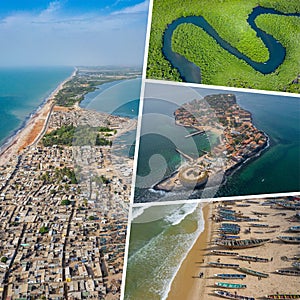 Collage of popular tourist destinations in Senegal. Travel background. West Africa