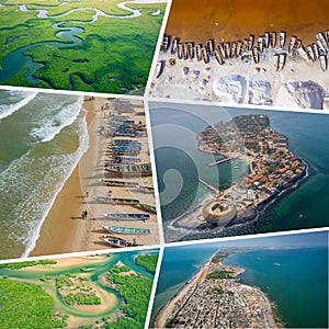 Collage of popular tourist destinations in Senegal. Travel background. West Africa