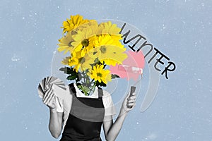 Collage portrait of black white effect girl daisy flowers instead head hold brush repaint winter word isolated on