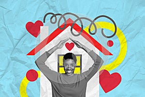 Collage portrait of cheerful black white gamma person arms make show roof above head gesture painting house heart symbol