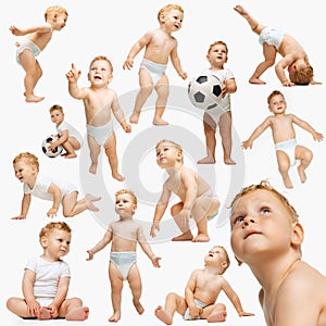 Collage of portrait of cute baby boy posing, sitting, walking, playing isolated over white studio background