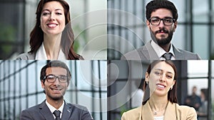 Collage, portrait and face of business people with smile, professional group and headshot on studio background.