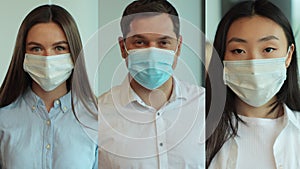 Collage portrait of multiethnic male and female in protective medical mask office workers at office. Portrait of