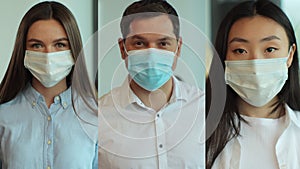 Collage portrait of multiethnic male and female in protective medical mask office workers at office. Portrait of