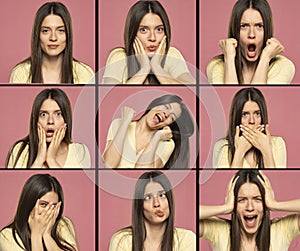 A collage from a portrait of the same woman with different emotions