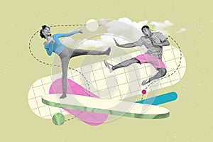 Collage portrait of two black white colors people jumping leg kick punch fight each other isolated on painted background