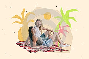 Collage portrait of two positive peaceful partners laying blanket beach drawing palm trees isolated on creative