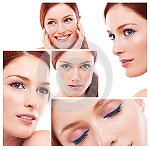 Collage, portrait or woman in makeup, beauty or idea of luxury, facial or health on white background. Montage, mascara