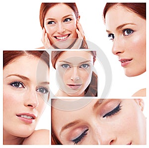 Collage, portrait or woman in makeup, beauty or idea of luxury, facial or health on white background. Montage, mascara photo