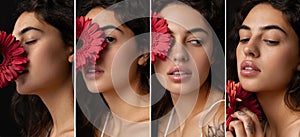 Collage. Portrait of young beautiful woman with red gerbera flower posing isolated over black background