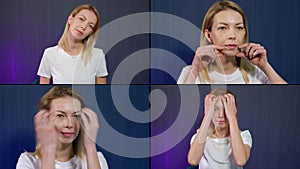 Collage portrait of a young blonde girl who on a blue background in the Studio shows how to do face exercises, pumps
