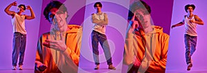 Collage. Portrait of young emotive man, student in casual clothes posing isolated over purple background in neon light