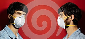 Collage portrait of young man in denim jacket wearing medical flu mask against coronavirus on background of red color.