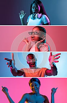 Collage of portraits of 4 African young people isolated over multicolored background.