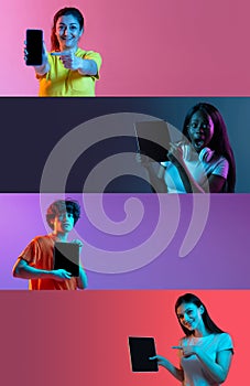 Collage of portraits of 4 different young people isolated over multicolored background.