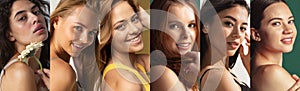 Collage. Portraits of beautiful young women smiling, posing, looking at camera