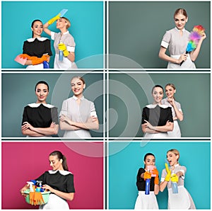 Collage with portraits of chambermaids on different color backgrounds