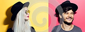 Collage portraits of cheerful young blonde girl and brunette guy, wearing black hat. Background of yellow and pink colors.