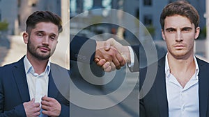 Collage of portraits confident businessmen shake hands each other. Handshake and successful business deal concept