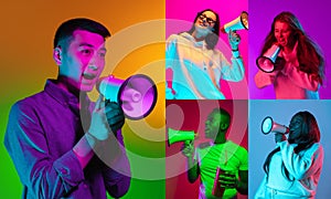 Collage with portraits of different multi ethnic male and female models on multicolored background in neon light