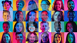 Collage. Portraits of different people of diverse age, gender and nationality smiling against multicolored background in
