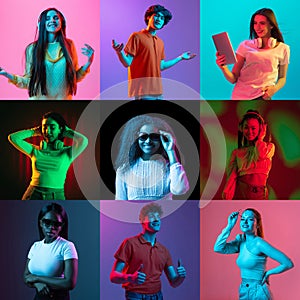 Collage of portraits of an ethnically diverse male and female models isolated over multicolored background in neon