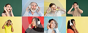 Collage of portraits of ethnically diverse people in headphones isolated over multicolored backgrounds. Flyer