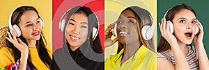 Collage of portraits of an ethnically diverse people isolated over multicolored background.