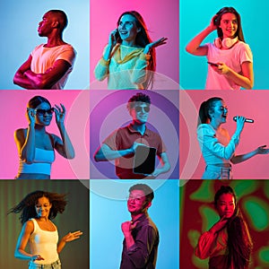 Collage of portraits of an ethnically diverse people  over multicolored background in neon