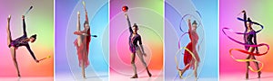 Collage of portraits female rhythmic gymnast in motion with bright ribbon, ball isolated over multicolored background.