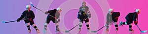 Collage of portraits of girl, professional hockey players training isolated over gradient background in neon lights