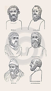 Collage of portraits Homer, Socrates, Sophocles, Herodotus, Euclid, and Hippocrates