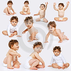 Collage of portraits of little boy, baby, child in diaper making faces and sitting isolated over white background