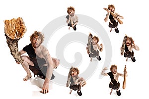 Collage of portraits man in character of neanderthal posing isolated over white background