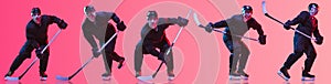 Collage of portraits of man, professional hockey players training isolated over gradient background in neon lights